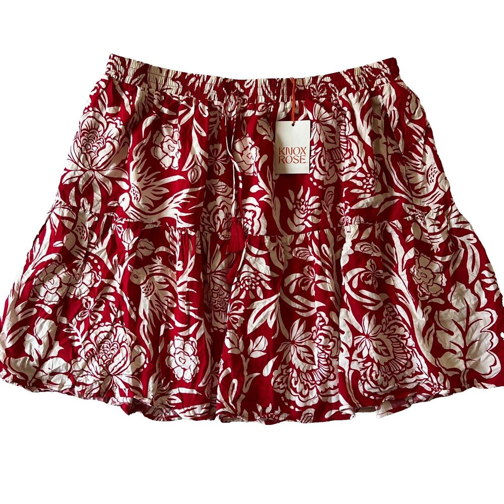 Knox Rose Skirt XXL Red White Tropical Floral Lined Rayon Drawstring Waist NWT